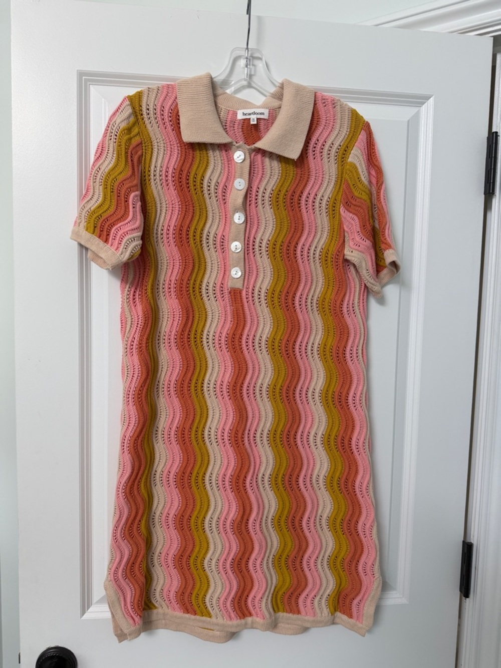 Heartloom Pink, Mustard & Cream Wavy Knit Polo Midi Dress